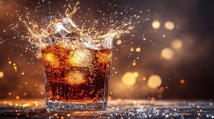 Sticker - 45-degree topview Isolated on background a whiskey tumbler colliding with another glass creating a splash of golden liquid with a few ice cubes mid-motion on a smoky gray background with side empty