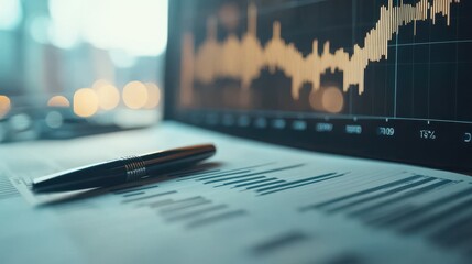 Poster - Pen on Document with Financial Charts Displayed on Laptop Screen in Modern Office Environment with Blurred City Background and Warm Lighting