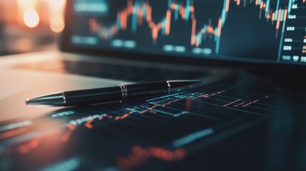 Poster - Professional Financial Analysis with Laptop and Pen, Digital Graphs and Data Visualization for Investment Strategies and Market Trends in Workspace