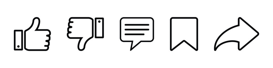 Poster - social media buttons. feedback line icon set containing like, dislike, comment, save and share signs