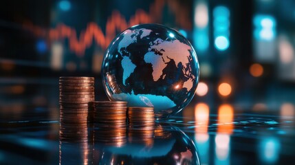 Poster - Reflection on Global Finance with Coins and a Globe Illustrating Economic Growth in a Stock Market Environment with Abstract Data Background