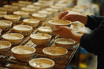 Poster - A person carefully handling decorative bowls in a workshop filled with similar items.