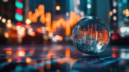 Poster - Reflective Glass Sphere on Modern City Street with Dynamic Light Trails and Stock Market Graph in the Background Enhancing Data Visualization Theme