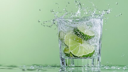 Fototapete - 45-degree topview Isolated on background a cool lime soda drink with vibrant green lime juice layered under fizzy soda topped with lime slices splashing dynamically on a light green background with