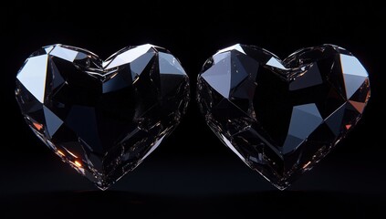 Poster - Two faceted crystal hearts reflecting light against a dark background.
