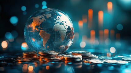 Poster - Stunning Global Economy Concept with Glass Globe over Laying Coins and Financial Growth Chart Displaying Progress and Prosperity in a Modern Business Setting
