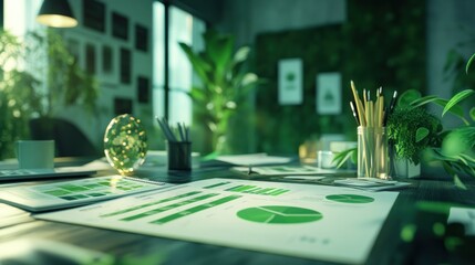 Poster - A modern workspace featuring green plants and charts focused on sustainability.