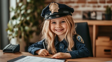 Aufkleber - A smiling child dressed as a police officer sitting at a desk with paperwork.