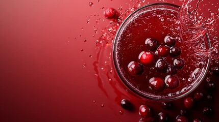Fototapete - 45-degree topview Isolated on background a tart cranberry soda drink with deep red cranberry juice layered beneath soda and garnished with cranberries splashing vibrantly on a matching red background