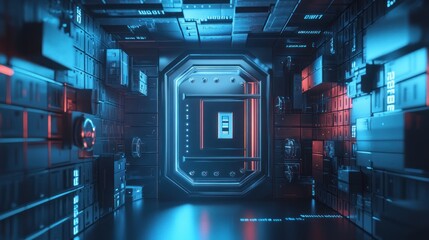 Fototapete - A futuristic, illuminated corridor with a high-tech design and glowing accents.