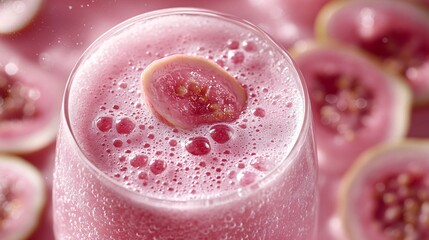 Fototapete - 45-degree topview Isolated on background a tropical guava soda with soft pink guava juice layered beneath fizzy soda and garnished with guava slices splashing delicately on a matching pastel pink