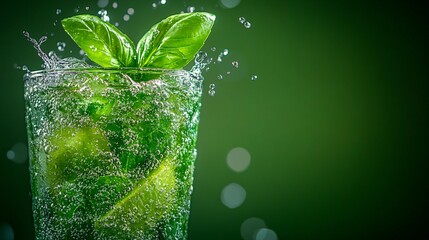 Fototapete - 45-degree topview Isolated on background a unique basil lime soda with soft green juice layering under sparkling soda and basil leaves splashing refreshingly on a mint green background with side