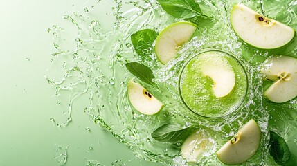Fototapete - 45-degree topview Isolated on background a tangy apple soda drink with crisp green apple juice layering beneath fizzy soda topped with apple slices creating a clean splash on a matching green