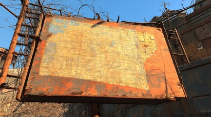 Poster - An old, rusted billboard with a faded map, suggesting neglect and decay in an outdoor setting.