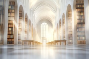 Aufkleber - A serene library interior with tall arches, bookshelves, and soft light filtering through.