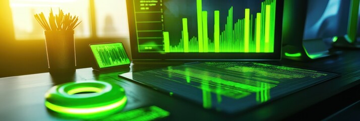 Poster - A modern workspace featuring a glowing green display with data visualizations and a keyboard.