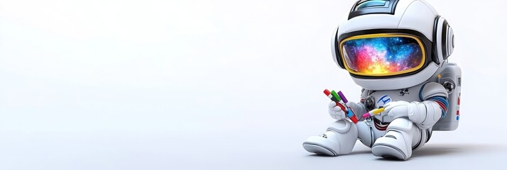Poster - A cute astronaut sitting and holding colorful markers, with a galaxy-themed visor.