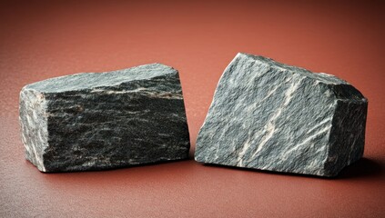 Poster - Two angular, dark-colored rocks with distinct striations on a textured surface.