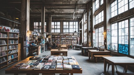 Aufkleber - A spacious library with large windows, bookshelves, and tables for reading and studying.