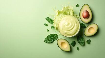 Wall Mural - 45-degree topview Isolated on background a creamy avocado smoothie splashing in a vibrant green motion with avocado slices and mint leaves on a soft green background with side empty space for text