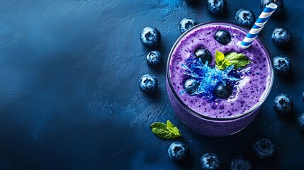 Fototapete - 45-degree topview Isolated on background a refreshing blueberry smoothie with a deep blue splash captured mid-air garnished with fresh blueberries on a rich blue background with side empty space for