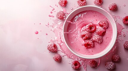 Fototapete - 45-degree topview Isolated on background a luscious raspberry smoothie in vivid pink hues splashing elegantly surrounded by fresh raspberries on a matching pink background with side empty space for