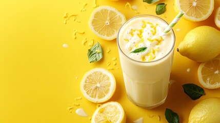 Fototapete - 45-degree topview Isolated on background a tangy lemon smoothie splashing brightly with lemon slices and zest on a cheerful yellow background with side empty space for text Stockphoto style
