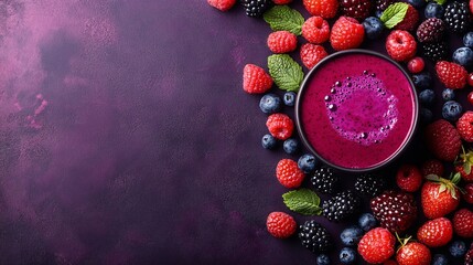Fototapete - 45-degree topview Isolated on background a mixed berry smoothie with a vibrant purple splash surrounded by an assortment of fresh berries on a deep purple background with side empty space for text