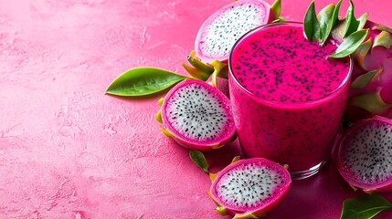 Fototapete - 45-degree topview Isolated on background a tropical dragon fruit smoothie with a vivid magenta splash paired with dragon fruit slices on a bright pink background with side empty space for text