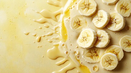 Fototapete - 45-degree topview Isolated on background a creamy banana smoothie splashing energetically with banana slices and a touch of honey on a pastel yellow background with side empty space for text