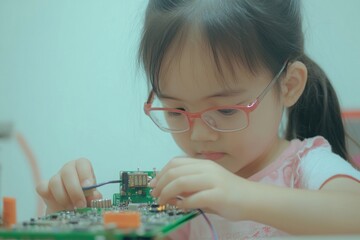 Aufkleber - A young girl focuses on assembling a circuit board, showcasing her interest in technology.