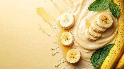 Fototapete - 45-degree topview Isolated on background a creamy banana smoothie splashing energetically with banana slices and a touch of honey on a pastel yellow background with side empty space for text