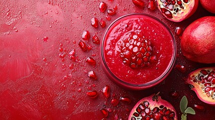 Fototapete - 45-degree topview Isolated on background a rich pomegranate smoothie with a ruby red splash surrounded by scattered pomegranate seeds on a bold red background with side empty space for text