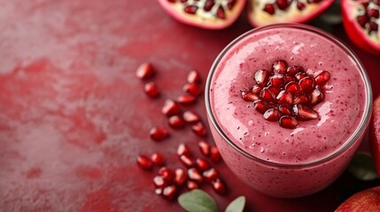 Fototapete - 45-degree topview Isolated on background a rich pomegranate smoothie with a ruby red splash surrounded by scattered pomegranate seeds on a bold red background with side empty space for text