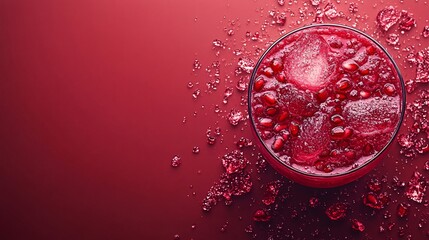 Fototapete - 45-degree topview Isolated on background a rich pomegranate smoothie with a ruby red splash surrounded by scattered pomegranate seeds on a bold red background with side empty space for text