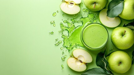 Fototapete - 45-degree topview Isolated on background a refreshing green apple smoothie with a vibrant green splash paired with apple slices on a light green background with side empty space for text Stockphoto