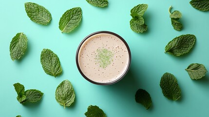 Fototapete - 45-degree topview Isolated on background a cool mint smoothie with a frothy green splash framed by mint leaves on a soft teal background with side empty space for text Stockphoto style