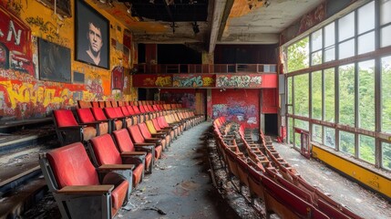 Poster - Abandoned theater with red seats and graffiti-covered walls, showcasing urban decay.