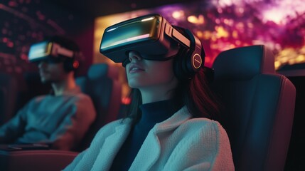 Aufkleber - Two individuals are immersed in a virtual reality experience, wearing headsets and headphones, in a dimly lit entertainment venue filled with colorful visuals and a captivating atmosphere.