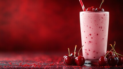 Fototapete - 45-degree topview Isolated on background a vibrant cherry smoothie with a splash of red and cherries arranged naturally on a deep red background with side empty space for text Stockphoto style