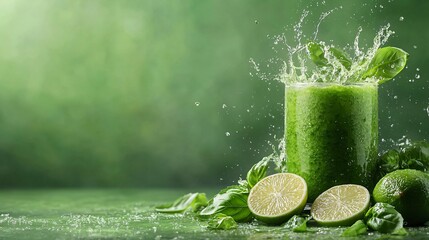 Fototapete - 45-degree topview Isolated on background a refreshing basil and lime smoothie splashing gently with basil leaves and lime slices on a fresh green background with side empty space for text Stockphoto