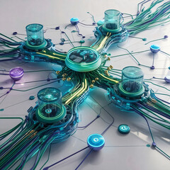 Poster - Futuristic Technology Concept Showcasing Interconnected Circuits and Transparent Data Hubs With Vibrant Colors and Lights
