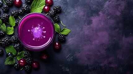 Fototapete - 45-degree topview Isolated on background a vibrant blackcurrant smoothie with a bold purple splash framed by blackcurrants on a deep purple background with side empty space for text Stockphoto style