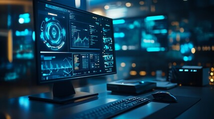 Aufkleber - A desktop computer with a large monitor displaying various data graphs and figures. The screen is glowing brightly in a dark room.