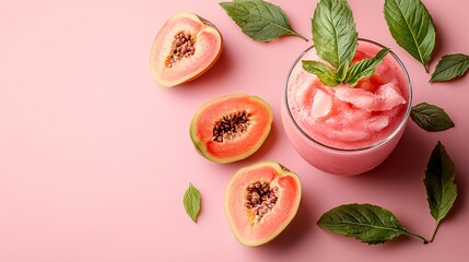 Fototapete - 45-degree topview Isolated on background a tropical guava smoothie with a soft pink splash highlighted by fresh guava slices on a light pink background with side empty space for text Stockphoto style