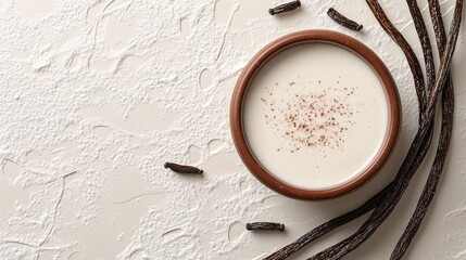 Fototapete - 45-degree topview Isolated on background a creamy vanilla smoothie with a soft white splash accented by vanilla pods on an ivory background with side empty space for text Stockphoto style
