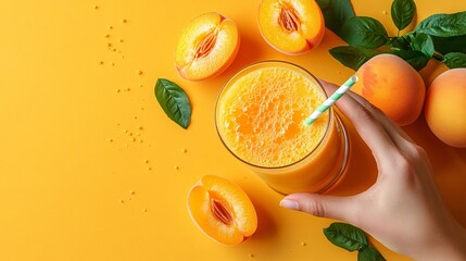 Fototapete - 45-degree topview Isolated on background a fresh apricot smoothie with a pale orange splash surrounded by apricot slices on a soft orange background with side empty space for text Stockphoto style