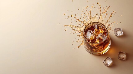 Fototapete - 45-degree topview Isolated on background a whiskey glass with rich golden-brown liquid splashing upward as ice cubes collide on a warm beige background with side empty space for text Stockphoto style