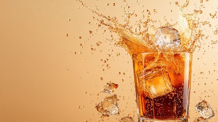 Fototapete - 45-degree topview Isolated on background a whiskey glass with rich golden-brown liquid splashing upward as ice cubes collide on a warm beige background with side empty space for text Stockphoto style