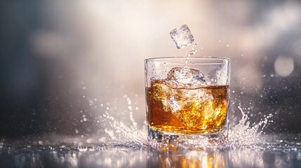 Fototapete - 45-degree topview Isolated on background a whiskey tumbler with swirling liquid as a single ice cube drops creating a subtle splash on a neutral gray background with side empty space for text